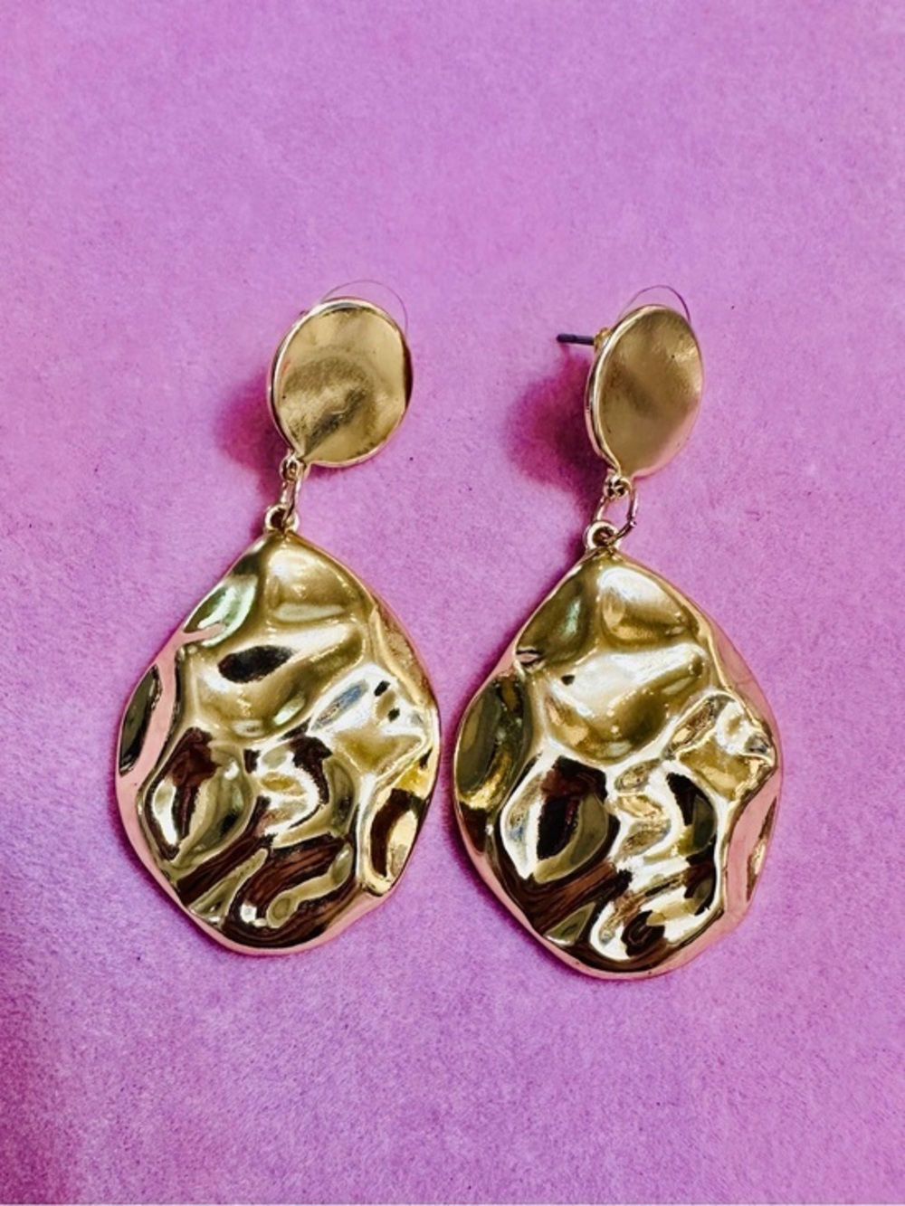 Gold Tone Hammered Statement Dangle Earrings
